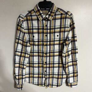 Roebuck & Co White Yellow Plaid Collared Button Down Flannel Shirt Size Medium